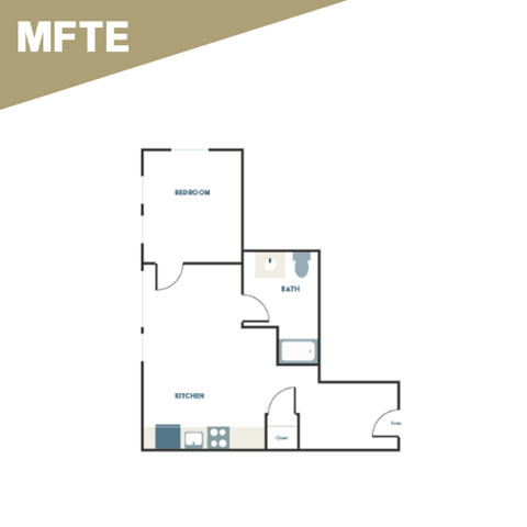 A floor plan of a home with a bedroom, bath, and kitchen.